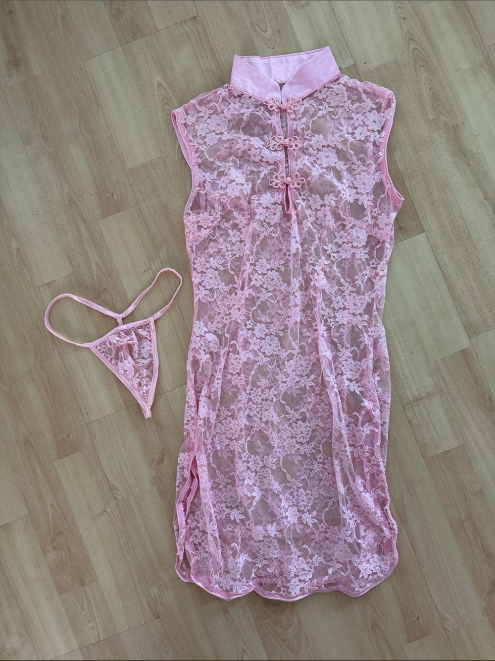Sheer Pink Lace Mandarin Lingerie Dress